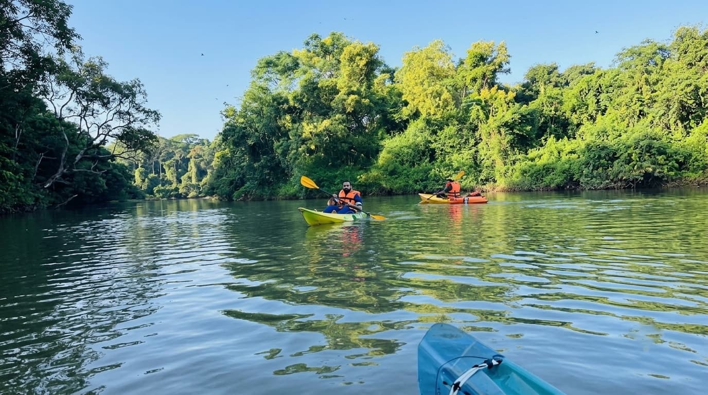 Kayaks on the backwater at Arikady in morning sun: a paddler in a blue shirt and orange life jacket in a lime kayak, a second kayak further along the bank, a third bow entering the frame, and sunlit trees reflected in the still green water.